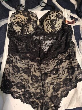 Black Lace Sheer Chemise with Nude Underlay - Women's Intimates